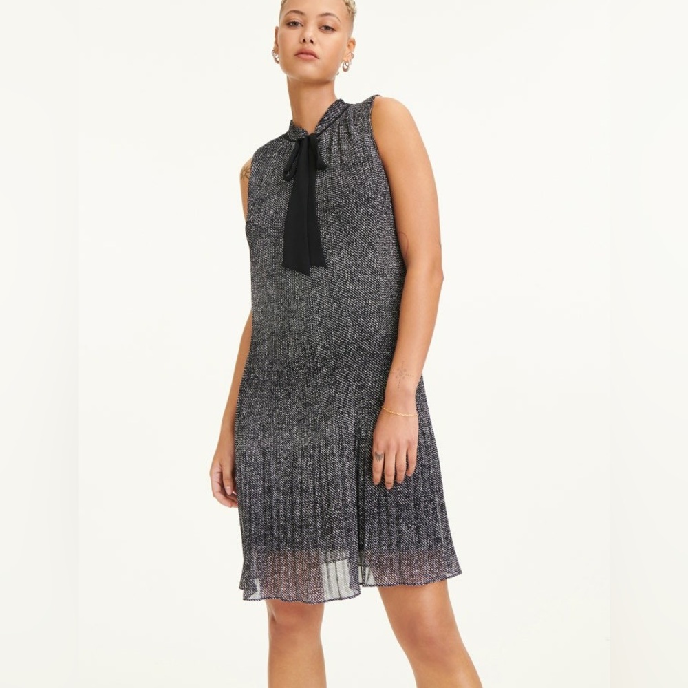 Dkny Black and Silver Tweed Bow-Neck Sleeveless Mini Dress